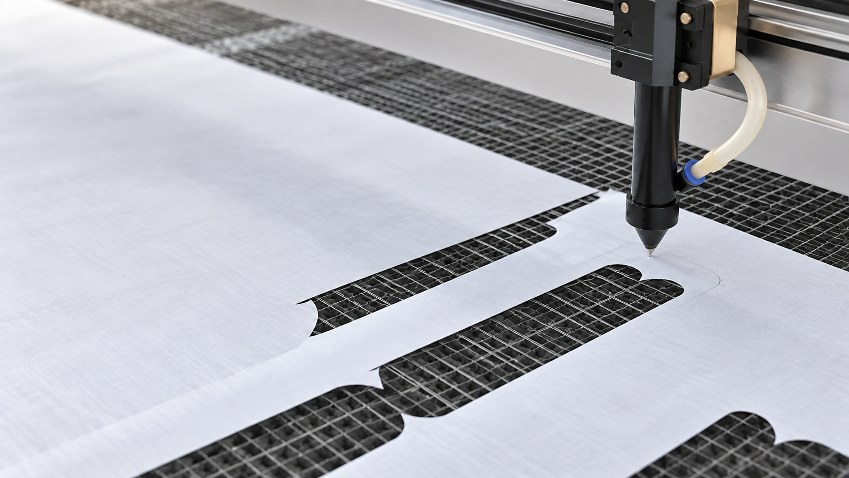 Cutting head above white fabric on a mesh worktable