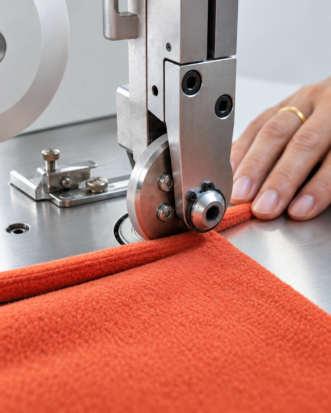 Close view of a roller working along an orange fabric edge