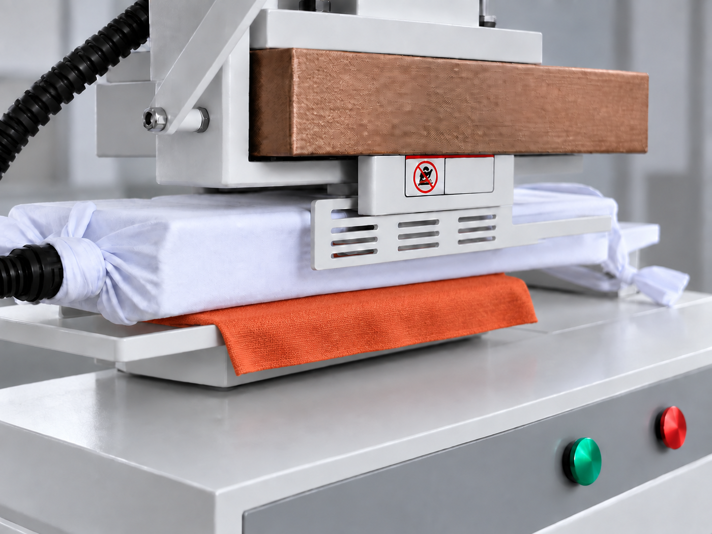 Orange fabric extending beneath the white covered part of a press